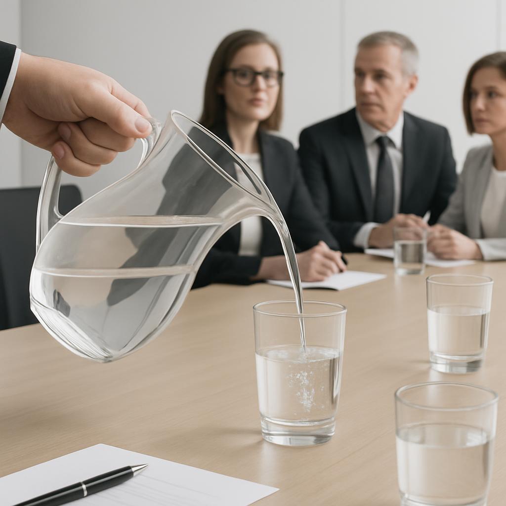 People with glasses of water on a table in the background.