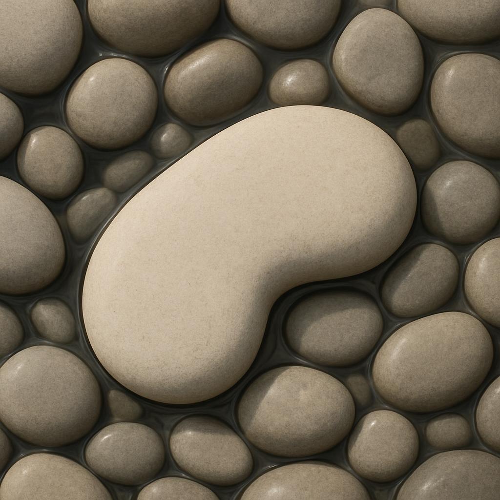 Pebbles submerged in water, with a larger white pebble in the middle.