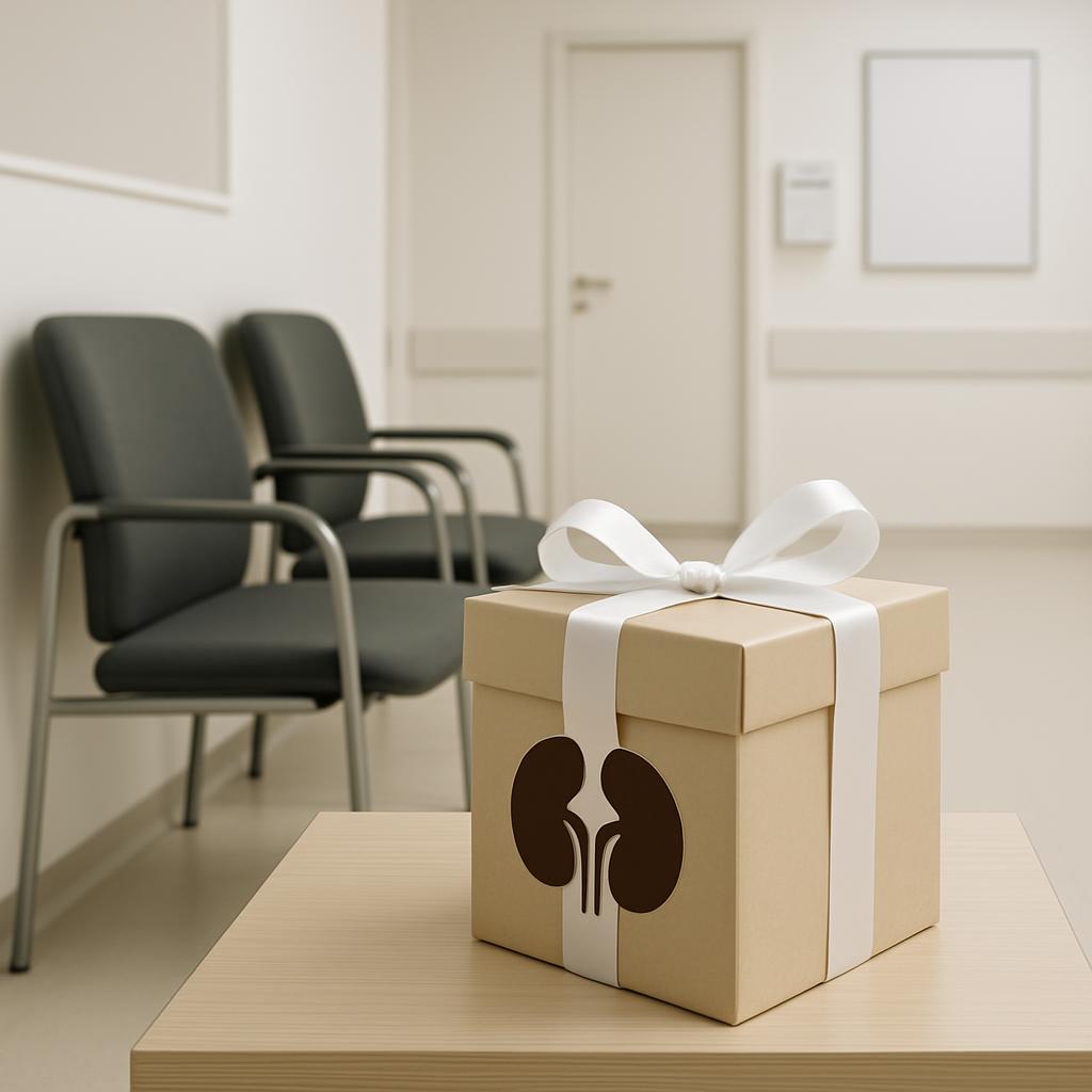 A wrapped gift box on a wooden table in a waiting room. The box is tan with a white satin ribbon and a brown kidney sticker.
