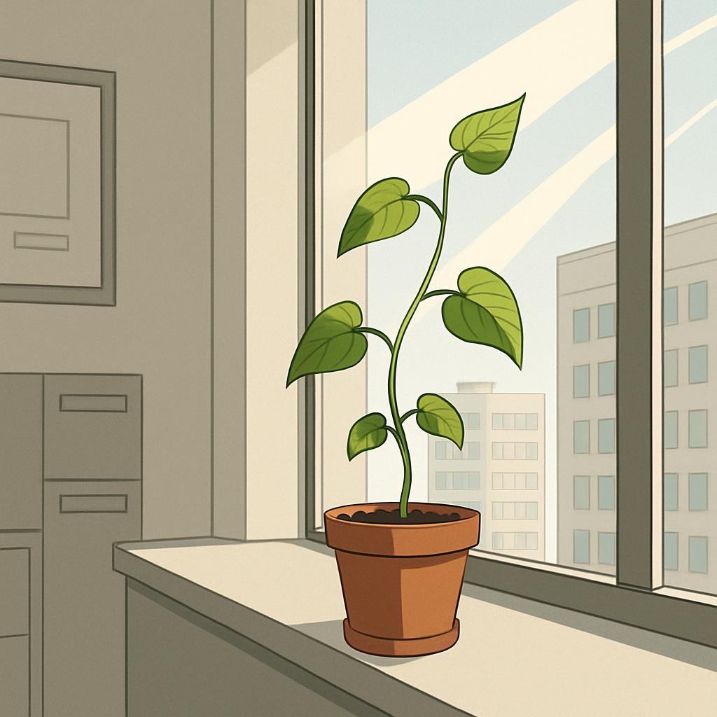 [A potted plant sits on a windowsill, with plants, a city in the background, a building, office building, and a sky shown ...