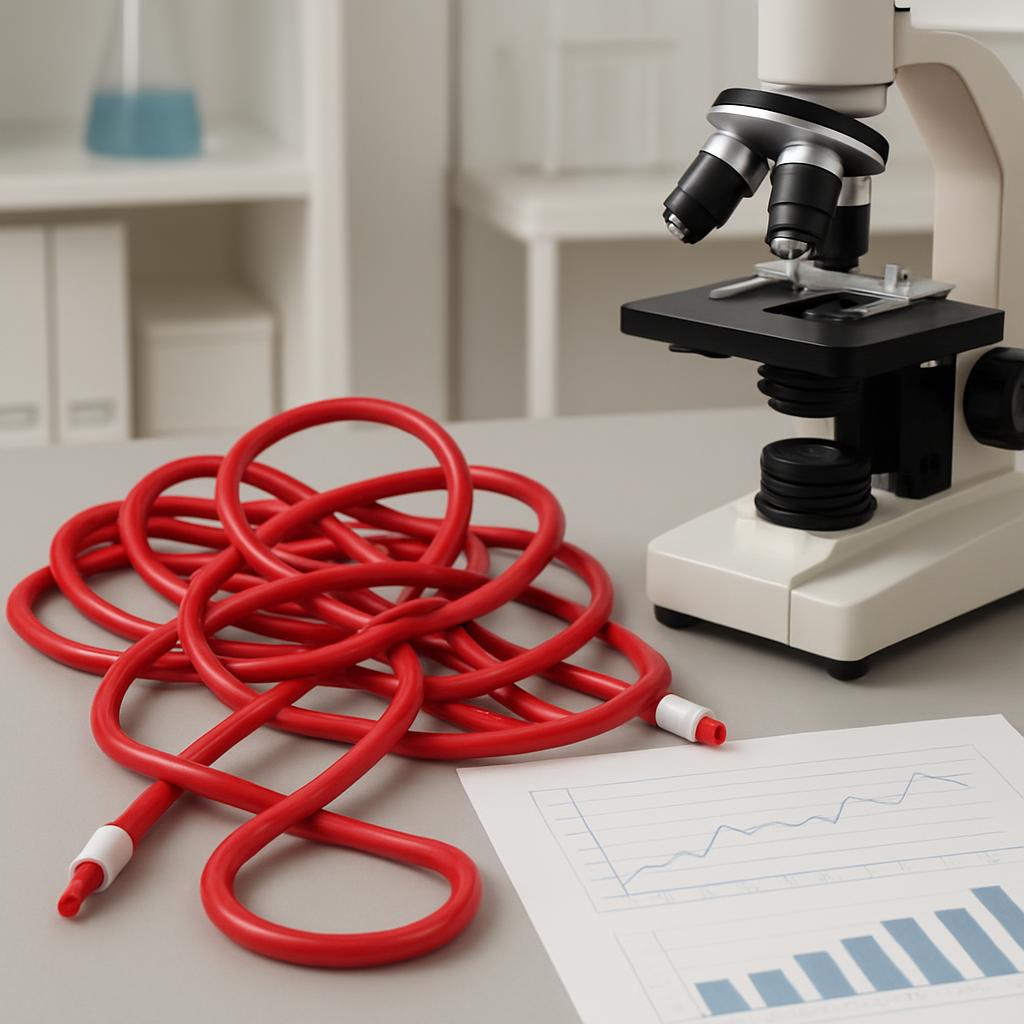 Red coiled rubber tube, a plastic microscope, and a bar graph on a table surface.